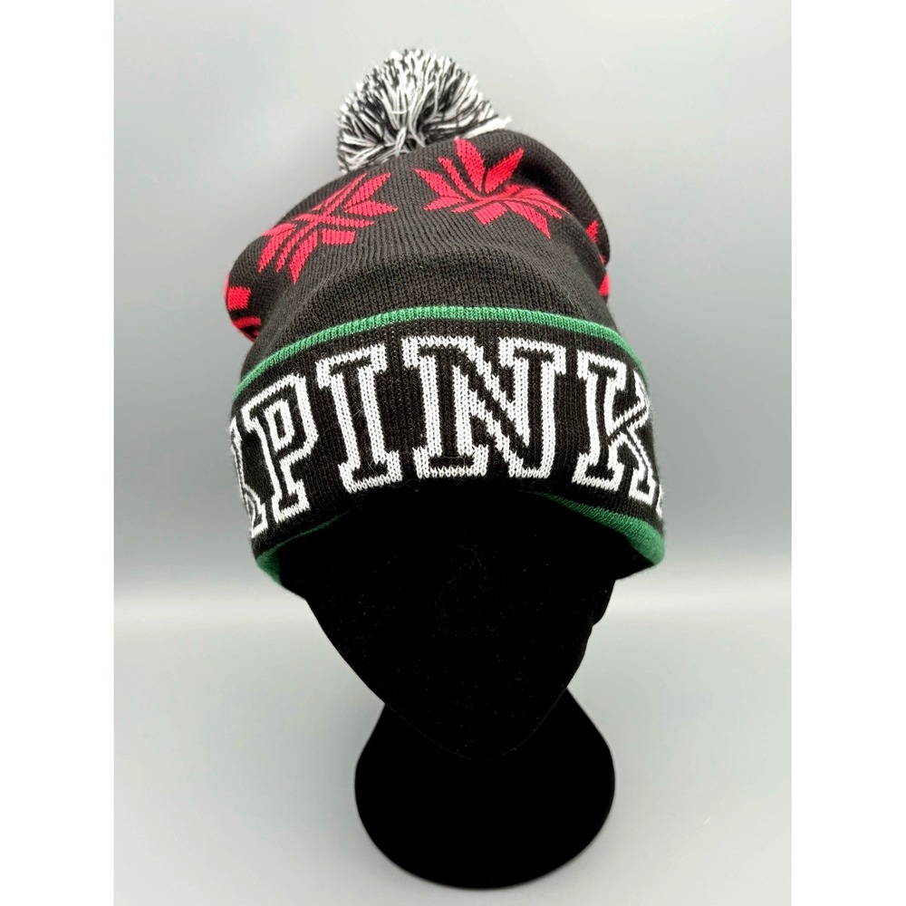 PINK Victoria Secret Beanie Hat Black SNOWFLAKE Pom Pom One Size